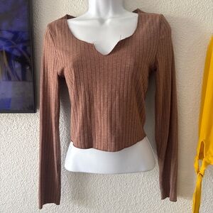 Brown Ribbed Long Sleeve Top